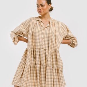 Lullaby Club Avalon Smock Dress in Camel Gingham
